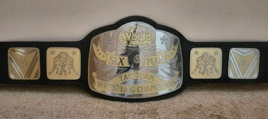 New Handmade 6 Six Man TAG Team Wrestling Championship Title Belt Replica Leather Strap Metal Plated Adult Size